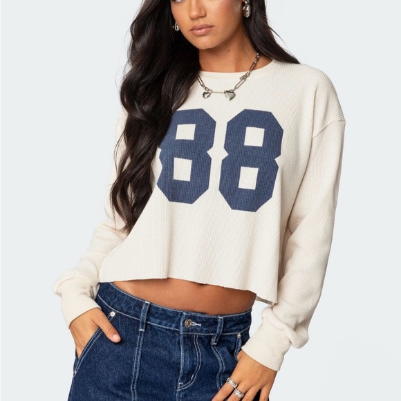 Edikted Cream and Blue Crop Top Casual Style - Picture 1 of 3